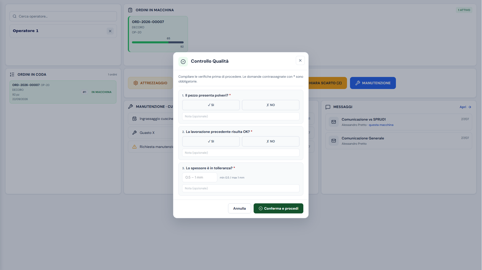 Interfaccia a bordo macchina con le verifiche di Controllo Qualità da compilare prima di procedere